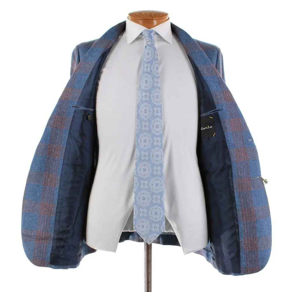 Sartorio Kiton NWT Linen Blend Sport Coat Size 50R 40R US In Blue w/ Brown Plaid